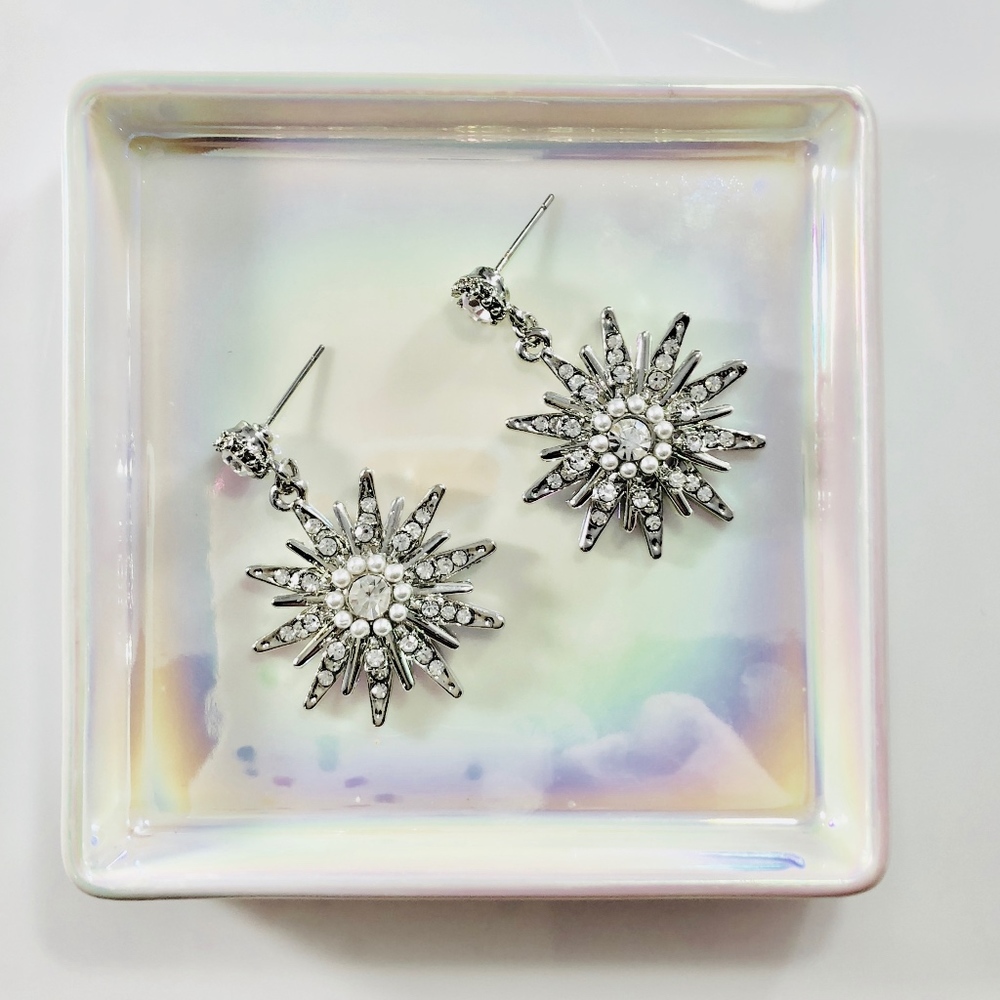 Starburst vintage silver style drop stud earrings